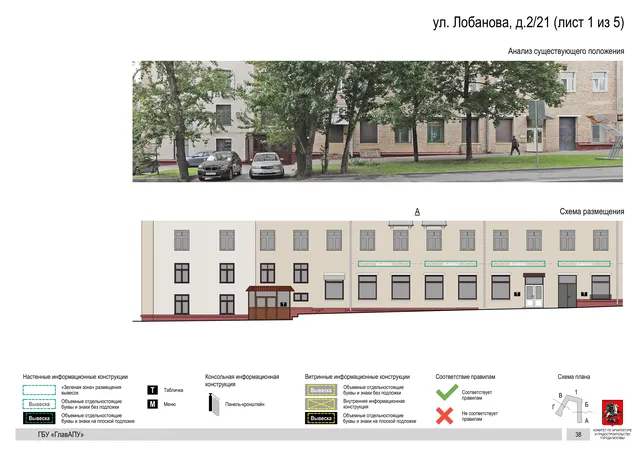 Архитектурная концепция размещения вывесок — Лобанова улица, 2/21, Москва, лист 1 из 5 · Документ по адресу · Архитектурно-художественная концепция · 2019 год