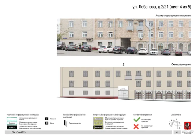 Архитектурная концепция размещения вывесок — Лобанова улица, 2/21, Москва, лист 4 из 5 · Документ по адресу · Архитектурно-художественная концепция · 2019 год