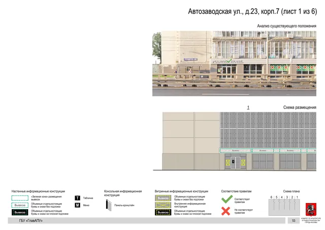Архитектурная концепция размещения вывесок — Автозаводская улица, 23, корп. 7, Москва, лист 1 из 6 · Документ по адресу · Архитектурно-художественная концепция · 2019 год