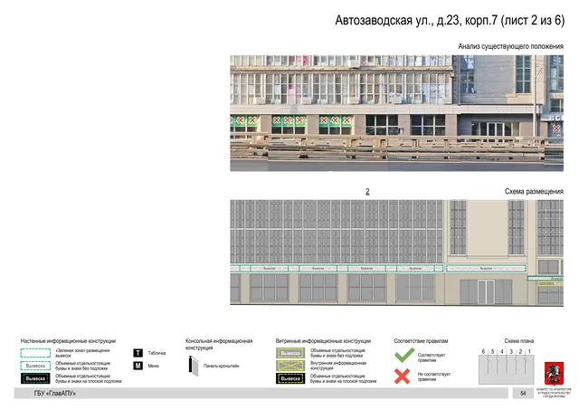 Архитектурная концепция размещения вывесок — Автозаводская улица, 23, корп. 7, Москва, лист 2 из 6 · Документ по адресу · Архитектурно-художественная концепция · 2019 год
