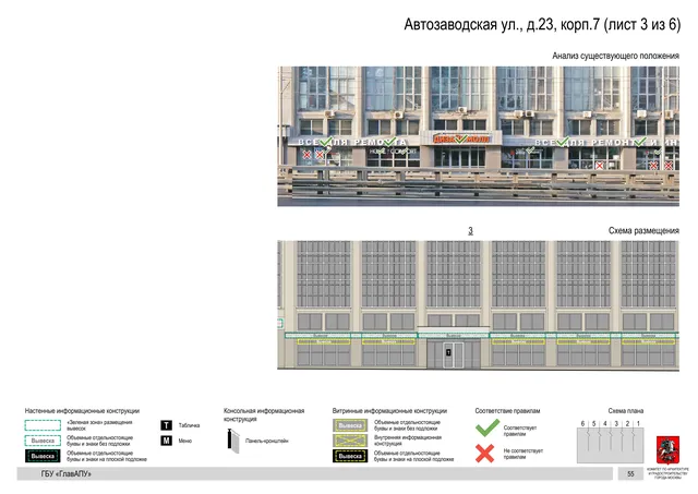 Архитектурная концепция размещения вывесок — Автозаводская улица, 23, корп. 7, Москва, лист 3 из 6 · Документ по адресу · Архитектурно-художественная концепция · 2019 год