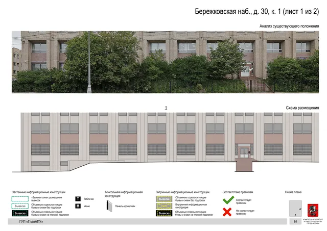 Архитектурная концепция размещения вывесок — Бережковская набережная, 30, корп. 1, Москва, лист 1 из 2 · Документ по адресу · Архитектурно-художественная концепция · 2019 год