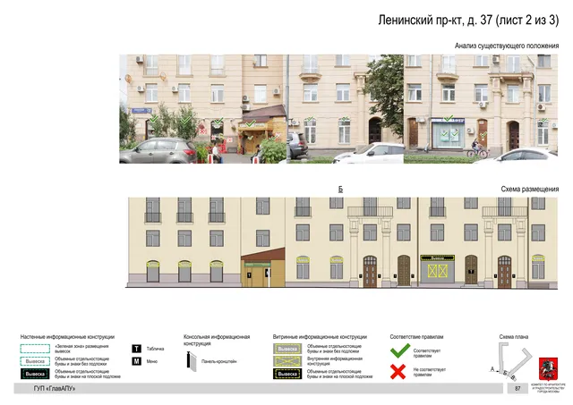 Архитектурная концепция размещения вывесок — Ленинский -кт, 37, Москва, лист 2 из 3 · Документ по адресу · Архитектурно-художественная концепция · 2019 год