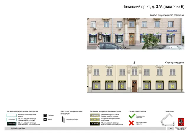 Архитектурная концепция размещения вывесок — Ленинский -кт, 37А, Москва, лист 2 из 6 · Документ по адресу · Архитектурно-художественная концепция · 2019 год