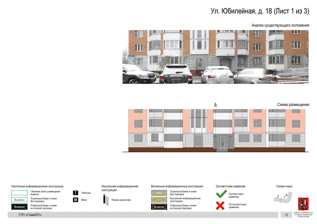 Архитектурная концепция размещения вывесок — Юбилейная улица, 18, Москва, лист 1 из 3 · Документ по адресу · Архитектурно-художественная концепция · 2016 год