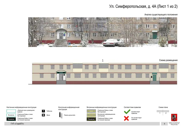 Архитектурная концепция размещения вывесок — Симферопольская улица, 4А, Москва, лист 1 из 2 · Документ по адресу · Архитектурно-художественная концепция · 2016 год