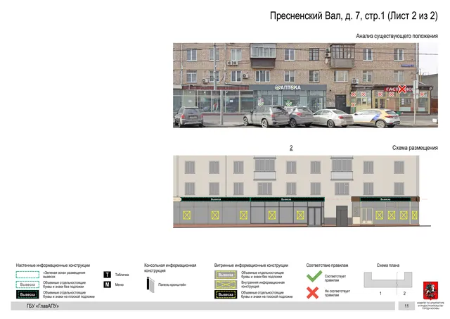 Архитектурная концепция размещения вывесок — Пресненский вал, 7, стр. 1, Москва, лист 2 из 2 · Документ по адресу · Архитектурно-художественная концепция · 2019 год