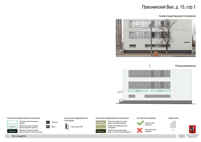 Архитектурная концепция размещения вывесок — Пресненский вал, 15, стр. 1, Москва, страница PDF 14 · Документ по адресу · Архитектурно-художественная концепция · 2019 год