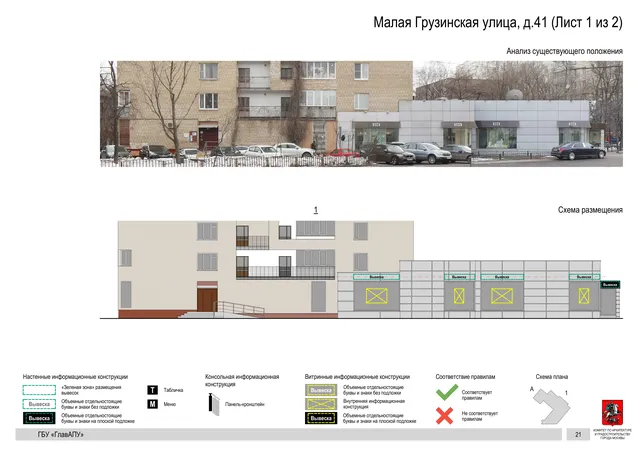 Архитектурная концепция размещения вывесок — Малая грузинская улица, 41, Москва, лист 1 из 2 · Документ по адресу · Архитектурно-художественная концепция · 2019 год