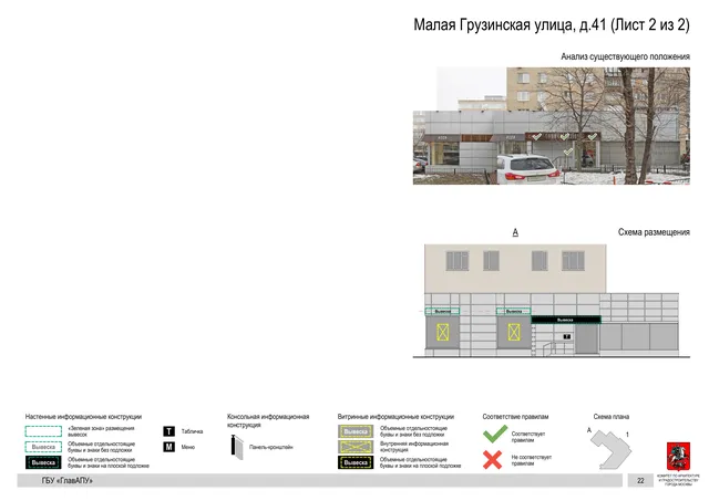Архитектурная концепция размещения вывесок — Малая грузинская улица, 41, Москва, лист 2 из 2 · Документ по адресу · Архитектурно-художественная концепция · 2019 год