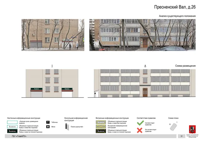 Архитектурная концепция размещения вывесок — Пресненский вал, 26, Москва, страница PDF 34 · Документ по адресу · Архитектурно-художественная концепция · 2019 год