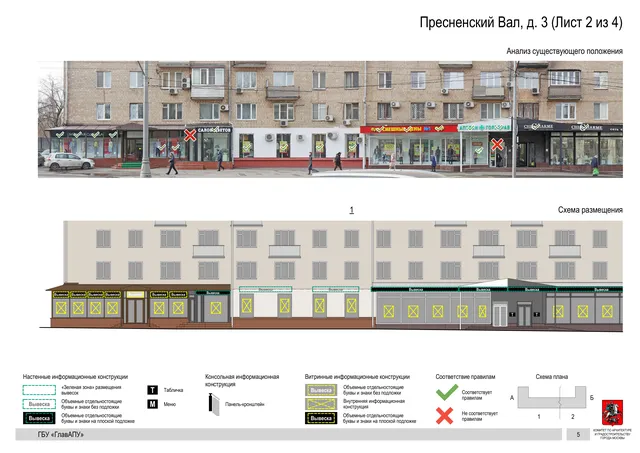 Архитектурная концепция размещения вывесок — Пресненский вал, 3, Москва, лист 2 из 4 · Документ по адресу · Архитектурно-художественная концепция · 2019 год