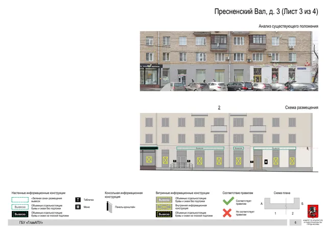 Архитектурная концепция размещения вывесок — Пресненский вал, 3, Москва, лист 3 из 4 · Документ по адресу · Архитектурно-художественная концепция · 2019 год