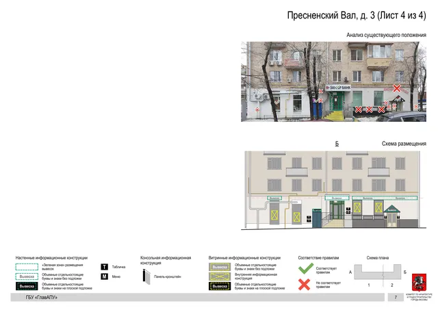 Архитектурная концепция размещения вывесок — Пресненский вал, 3, Москва, лист 4 из 4 · Документ по адресу · Архитектурно-художественная концепция · 2019 год