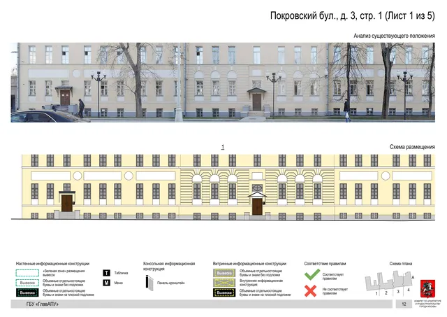 Архитектурная концепция размещения вывесок — Покровский бульвар, 3, стр. 1, Москва, лист 1 из 5 · Документ по адресу · Архитектурно-художественная концепция · 2018 год