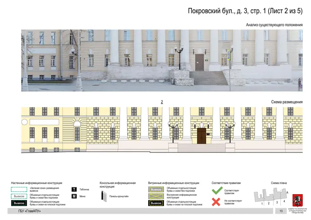 Архитектурная концепция размещения вывесок — Покровский бульвар, 3, стр. 1, Москва, лист 2 из 5 · Документ по адресу · Архитектурно-художественная концепция · 2018 год