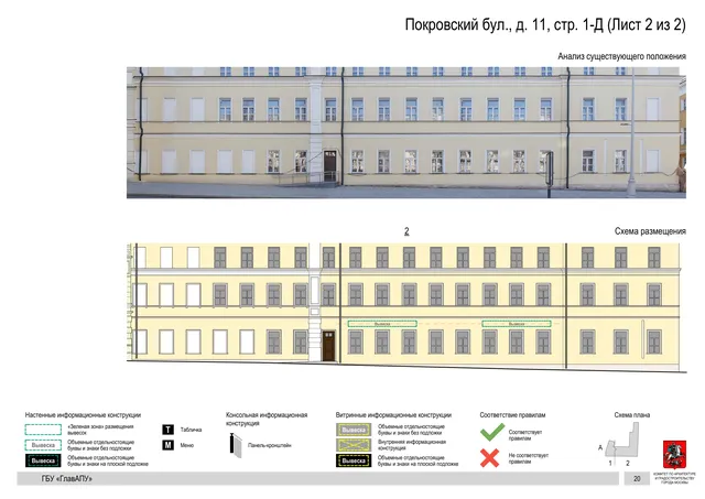 Архитектурная концепция размещения вывесок — Покровский бульвар, 11, стр. 1-Д, Москва, лист 2 из 2 · Документ по адресу · Архитектурно-художественная концепция · 2018 год