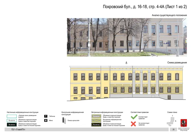 Архитектурная концепция размещения вывесок — Покровский бульвар, 16-18, стр. 4-4А, Москва, лист 1 из 2 · Документ по адресу · Архитектурно-художественная концепция · 2018 год