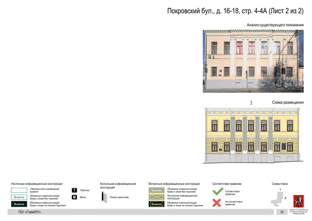 Архитектурная концепция размещения вывесок — Покровский бульвар, 16-18, стр. 4-4А, Москва, лист 2 из 2 · Документ по адресу · Архитектурно-художественная концепция · 2018 год