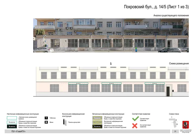 Архитектурная концепция размещения вывесок — Покровский бульвар, 14/5, Москва, лист 1 из 3 · Документ по адресу · Архитектурно-художественная концепция · 2018 год