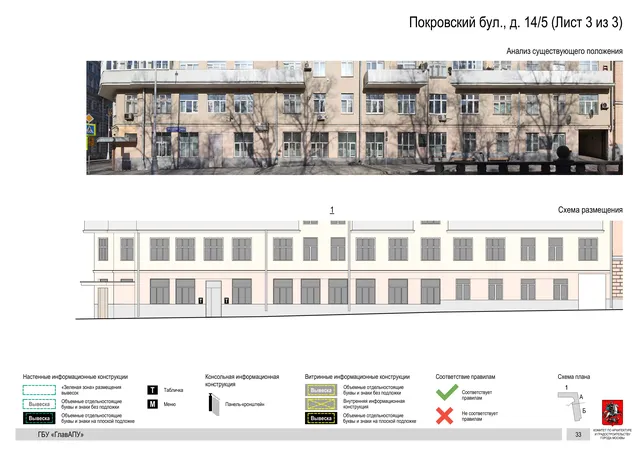 Архитектурная концепция размещения вывесок — Покровский бульвар, 14/5, Москва, лист 3 из 3 · Документ по адресу · Архитектурно-художественная концепция · 2018 год
