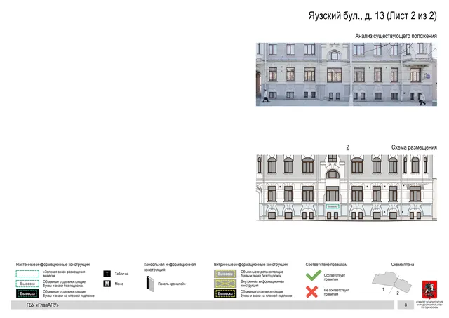 Архитектурная концепция размещения вывесок — Яузский бульвар, 13, Москва, лист 2 из 2 · Документ по адресу · Архитектурно-художественная концепция · 2018 год