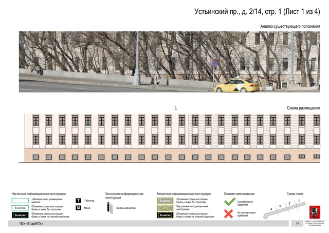 Архитектурная концепция размещения вывесок — Устьинский, 2/14, стр. 1, Москва, лист 1 из 4 · Документ по адресу · Архитектурно-художественная концепция · 2018 год