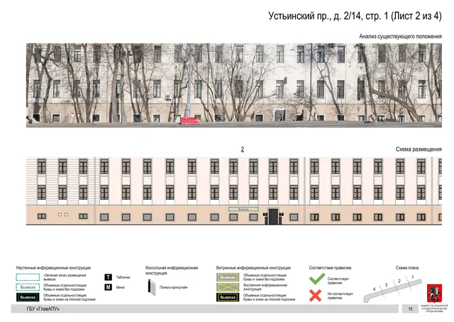 Архитектурная концепция размещения вывесок — Устьинский, 2/14, стр. 1, Москва, лист 2 из 4 · Документ по адресу · Архитектурно-художественная концепция · 2018 год