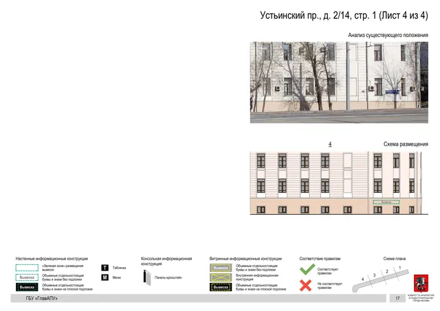 Архитектурная концепция размещения вывесок — Устьинский, 2/14, стр. 1, Москва, лист 4 из 4 · Документ по адресу · Архитектурно-художественная концепция · 2018 год