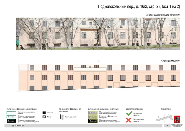 Архитектурная концепция размещения вывесок — Подколокольный переулок, 16/2, стр. 2, Москва, лист 1 из 2 · Документ по адресу · Архитектурно-художественная концепция · 2018 год