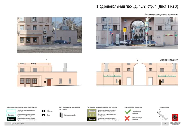 Архитектурная концепция размещения вывесок — Подколокольный переулок, 16/2, стр. 1, Москва, лист 1 из 3 · Документ по адресу · Архитектурно-художественная концепция · 2018 год