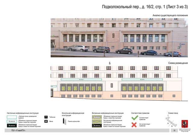 Архитектурная концепция размещения вывесок — Подколокольный переулок, 16/2, стр. 1, Москва, лист 3 из 3 · Документ по адресу · Архитектурно-художественная концепция · 2018 год