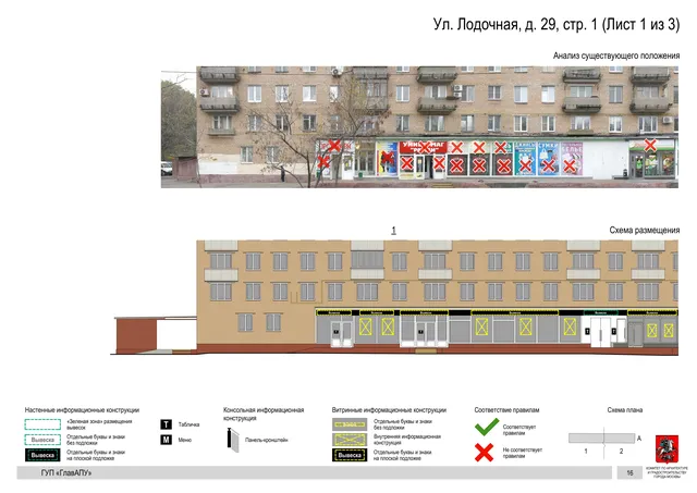 Архитектурная концепция размещения вывесок — Лодочная улица, 29, стр. 1, Москва, лист 1 из 3 · Документ по адресу · Архитектурно-художественная концепция · 2016 год