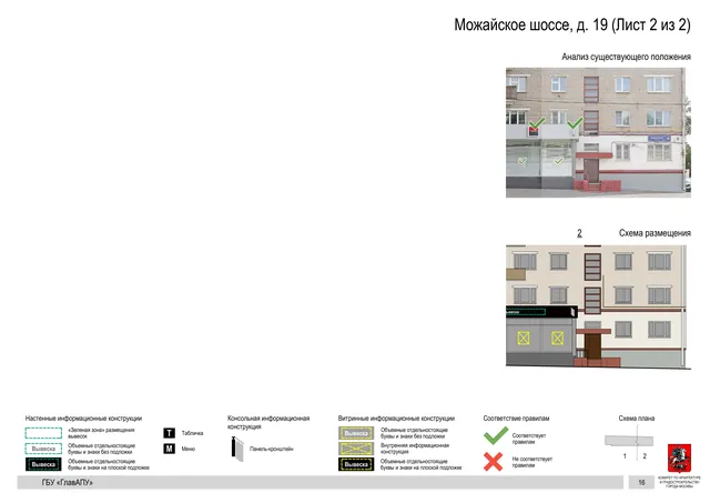 Архитектурная концепция размещения вывесок — Можайское шоссе, 19, Москва, лист 2 из 2 · Документ по адресу · Архитектурно-художественная концепция · 2020 год
