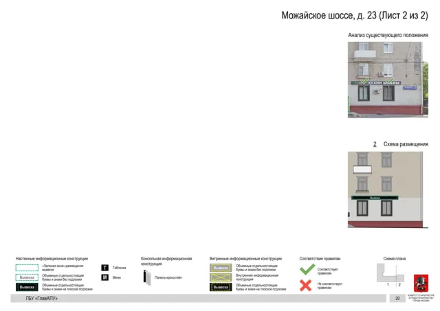 Архитектурная концепция размещения вывесок — Можайское шоссе, 23, Москва, лист 2 из 2 · Документ по адресу · Архитектурно-художественная концепция · 2020 год
