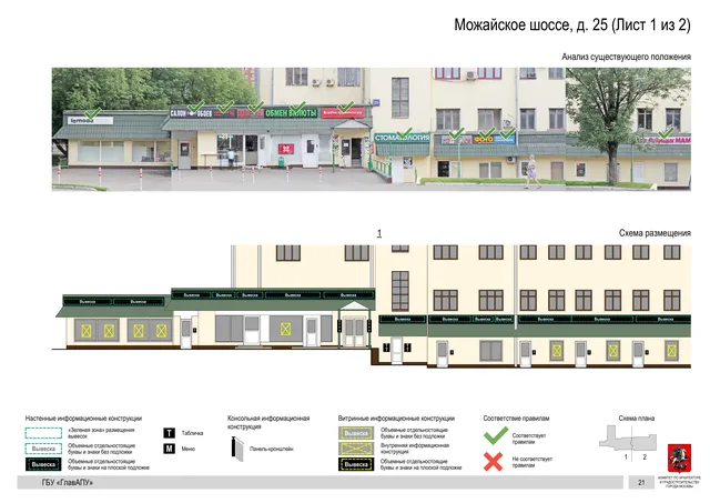 Архитектурная концепция размещения вывесок — Можайское шоссе, 25, Москва, лист 1 из 2 · Документ по адресу · Архитектурно-художественная концепция · 2020 год