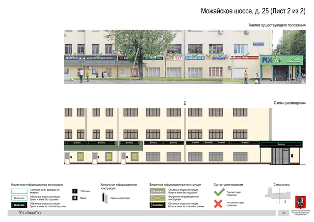 Архитектурная концепция размещения вывесок — Можайское шоссе, 25, Москва, лист 2 из 2 · Документ по адресу · Архитектурно-художественная концепция · 2020 год