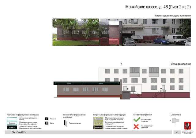 Архитектурная концепция размещения вывесок — Можайское шоссе, 46, Москва, лист 2 из 2 · Документ по адресу · Архитектурно-художественная концепция · 2020 год