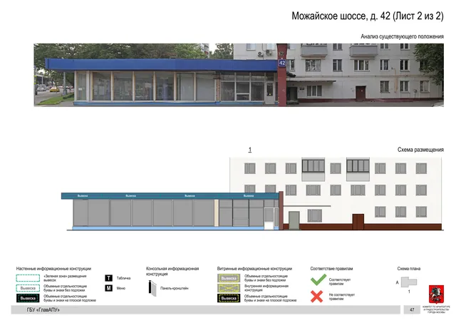 Архитектурная концепция размещения вывесок — Можайское шоссе, 42, Москва, лист 2 из 2 · Документ по адресу · Архитектурно-художественная концепция · 2020 год