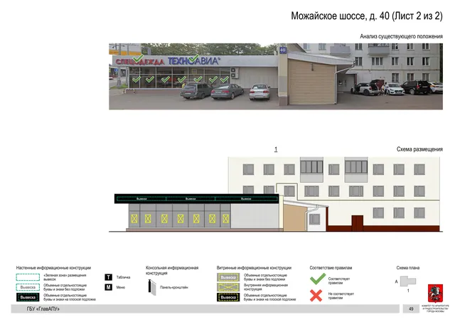 Архитектурная концепция размещения вывесок — Можайское шоссе, 40, Москва, лист 2 из 2 · Документ по адресу · Архитектурно-художественная концепция · 2020 год