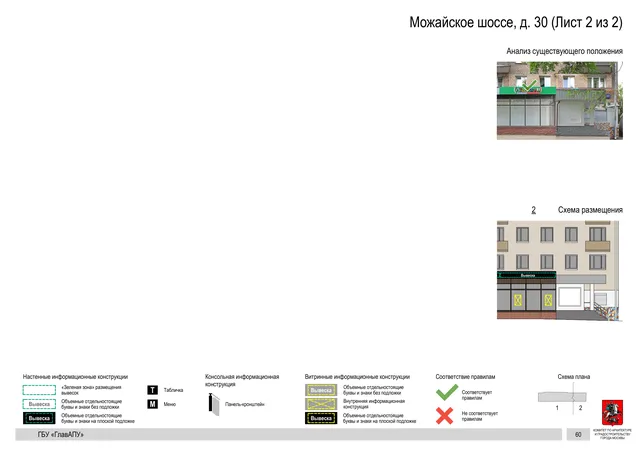 Архитектурная концепция размещения вывесок — Можайское шоссе, 30, Москва, лист 2 из 2 · Документ по адресу · Архитектурно-художественная концепция · 2020 год