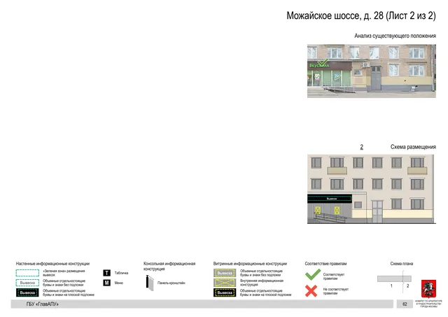 Архитектурная концепция размещения вывесок — Можайское шоссе, 28, Москва, лист 2 из 2 · Документ по адресу · Архитектурно-художественная концепция · 2020 год