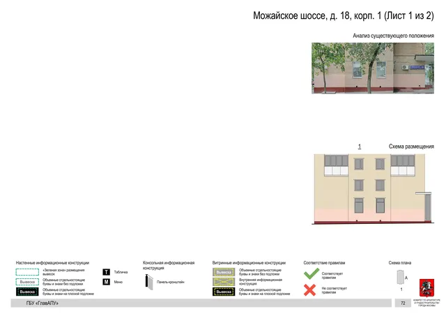Архитектурная концепция размещения вывесок — Можайское шоссе, 18, корп. 1, Москва, лист 1 из 2 · Документ по адресу · Архитектурно-художественная концепция · 2020 год