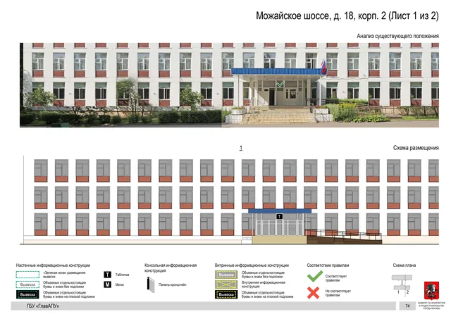 Архитектурная концепция размещения вывесок — Можайское шоссе, 18, корп. 2, Москва, лист 1 из 2 · Документ по адресу · Архитектурно-художественная концепция · 2020 год