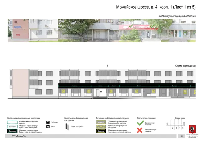 Архитектурная концепция размещения вывесок — Можайское шоссе, 4, корп. 1, Москва, лист 1 из 5 · Документ по адресу · Архитектурно-художественная концепция · 2020 год