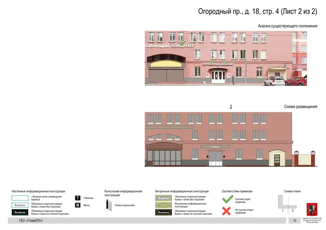 Архитектурная концепция размещения вывесок — Огородный, 18, стр. 4, Москва, лист 2 из 2 · Документ по адресу · Архитектурно-художественная концепция · 2020 год