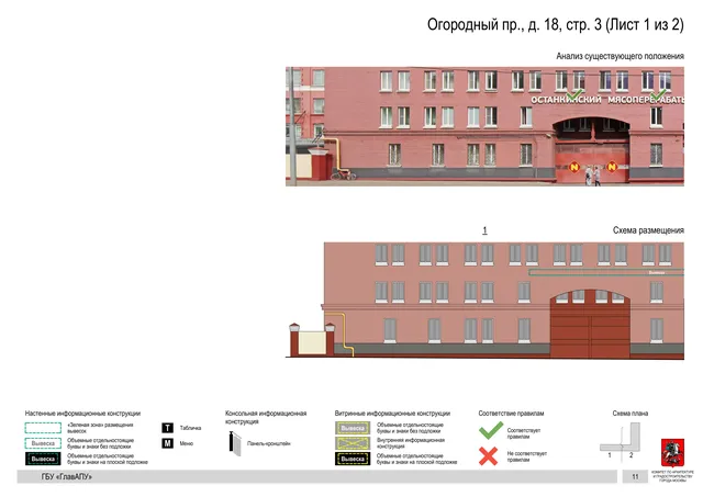 Архитектурная концепция размещения вывесок — Огородный, 18, стр. 3, Москва, лист 1 из 2 · Документ по адресу · Архитектурно-художественная концепция · 2020 год