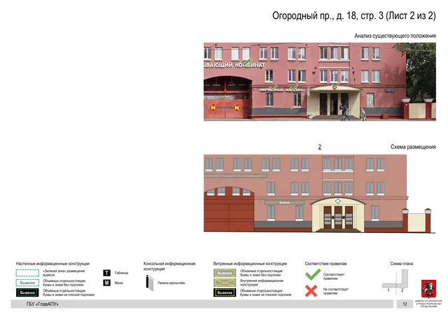 Архитектурная концепция размещения вывесок — Огородный, 18, стр. 3, Москва, лист 2 из 2 · Документ по адресу · Архитектурно-художественная концепция · 2020 год