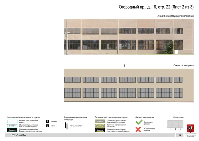 Архитектурная концепция размещения вывесок — Огородный, 16, стр. 22, Москва, лист 2 из 3 · Документ по адресу · Архитектурно-художественная концепция · 2020 год