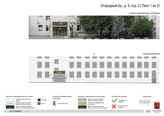 Архитектурная концепция размещения вывесок — Огородный, 5, стр. 2, Москва, лист 1 из 2 · Документ по адресу · Архитектурно-художественная концепция · 2020 год